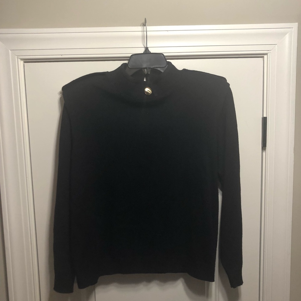 Black Mock Neck Sweater with Gold Button